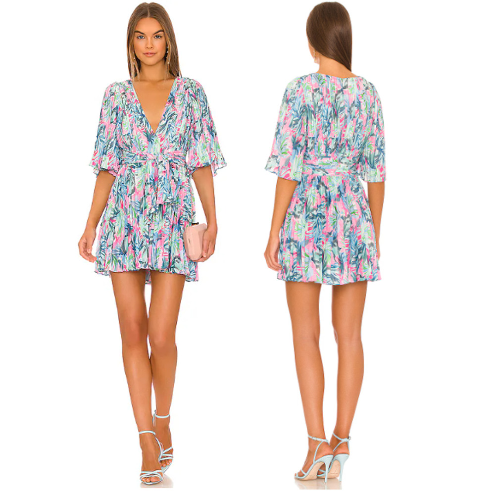 NWOT Saylor Byrd Floral Matte Satin Pleated V-Neck Mini Dress Blue Women's S